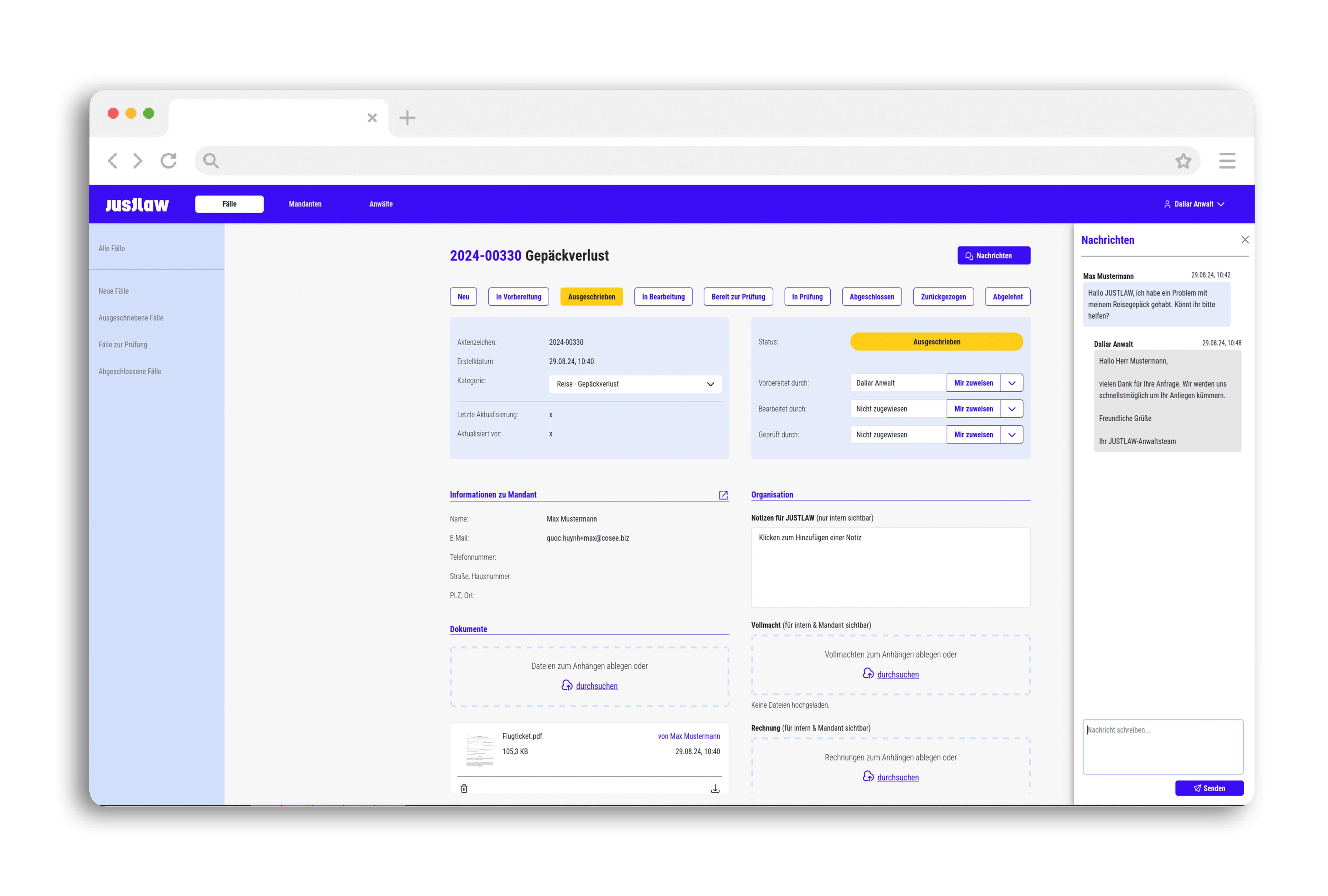 JUSTLAW Desktop View Backoffice Fallansicht